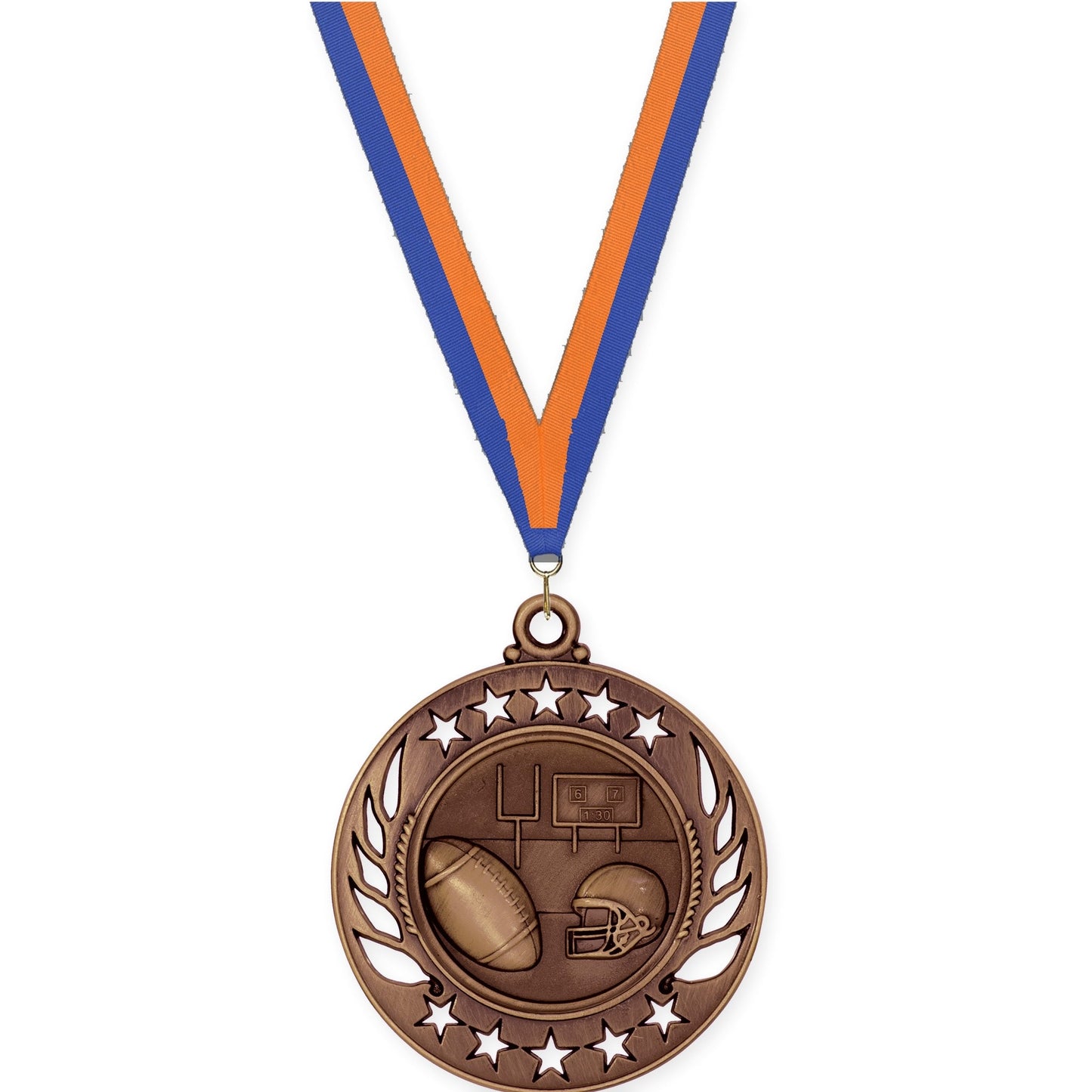 2 1/4 inch football Galaxy medal in antique bronze with Blue Orange neck ribbon