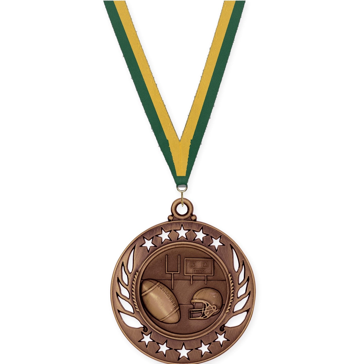 2 1/4 inch football Galaxy medal in antique bronze with Hunter Green Gold neck ribbon