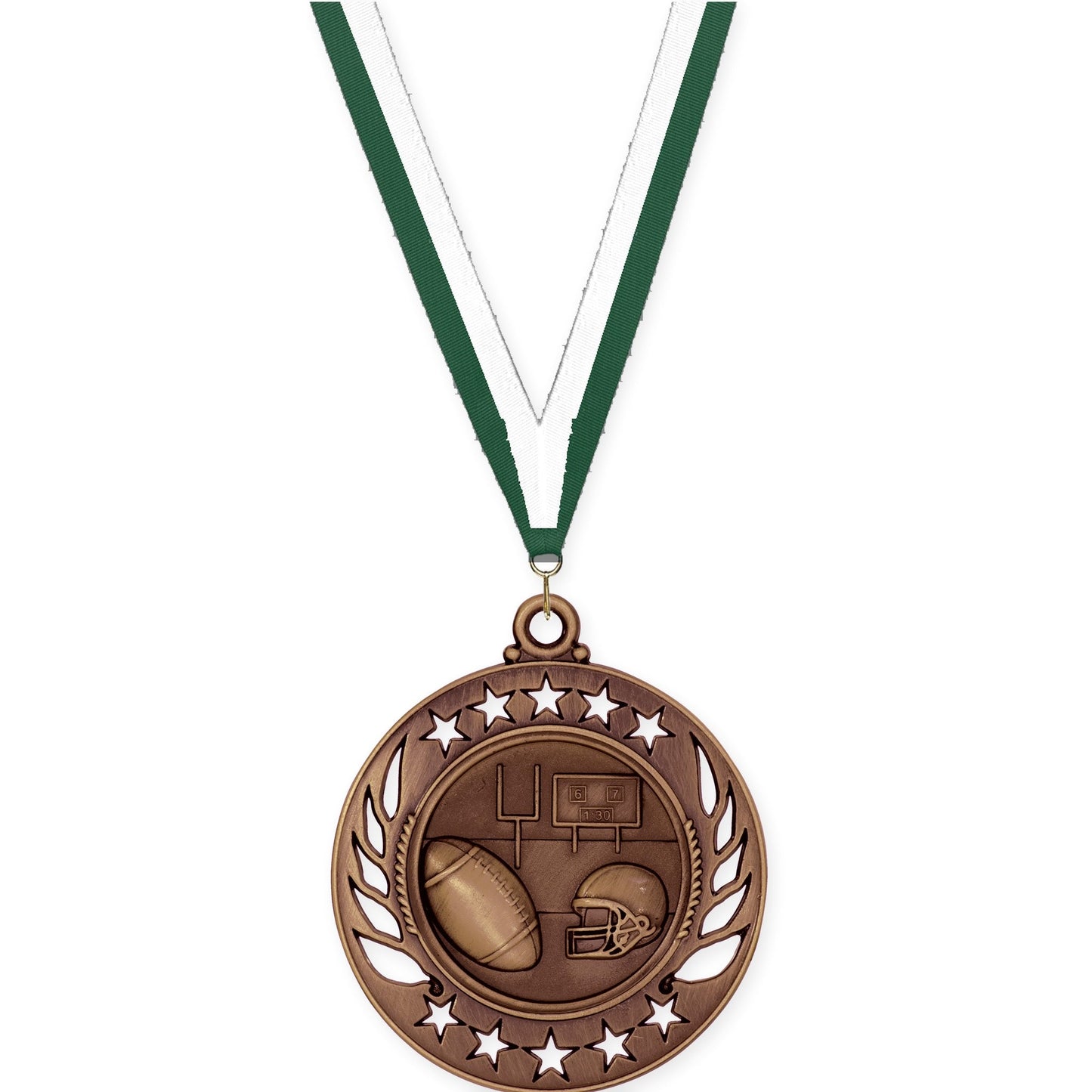 2 1/4 inch football Galaxy medal in antique bronze with Hunter Green White neck ribbon