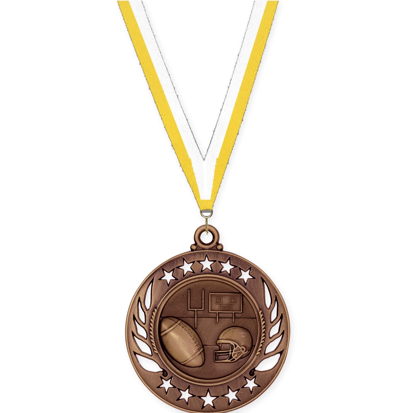 2 1/4 inch football Galaxy medal in antique bronze with Yellow White neck ribbon