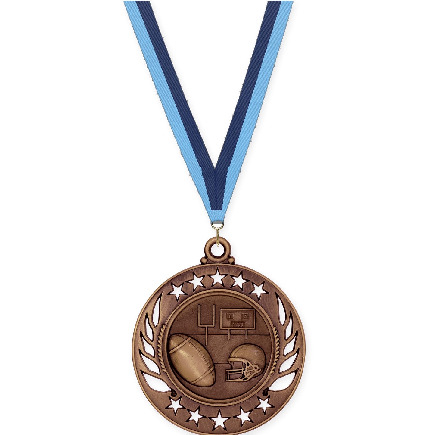 2 1/4 inch football Galaxy medal in antique bronze with Light Blue Navy neck ribbon