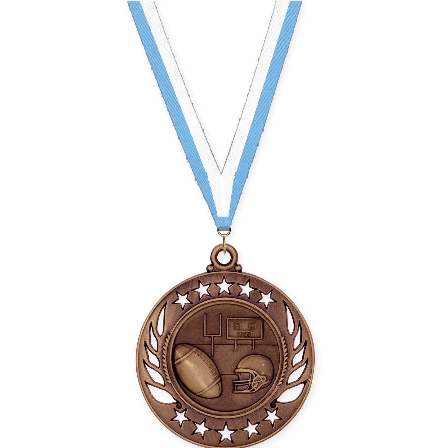2 1/4 inch football Galaxy medal in antique bronze with Light Blue White neck ribbon