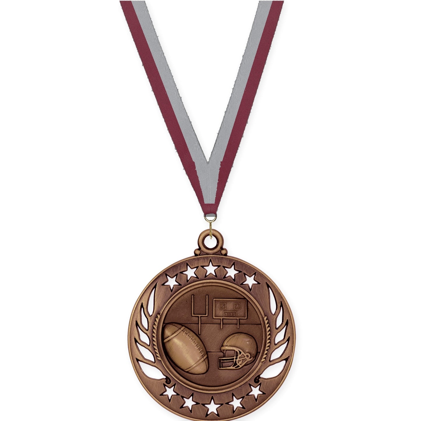 2 1/4 inch football Galaxy medal in antique bronze with Maroon Gray neck ribbon