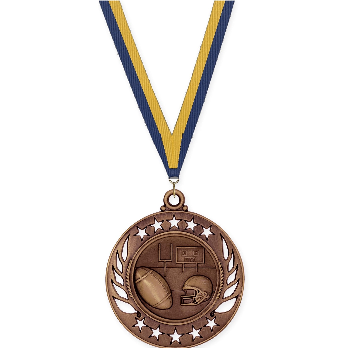 2 1/4 inch football Galaxy medal in antique bronze with Navy Gold neck ribbon