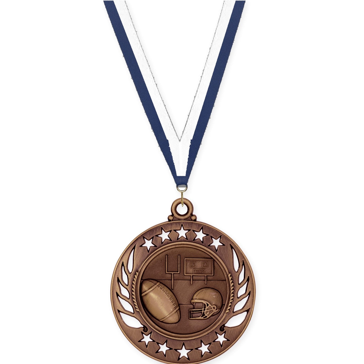 2 1/4 inch football Galaxy medal in antique bronze with Navy White neck ribbon