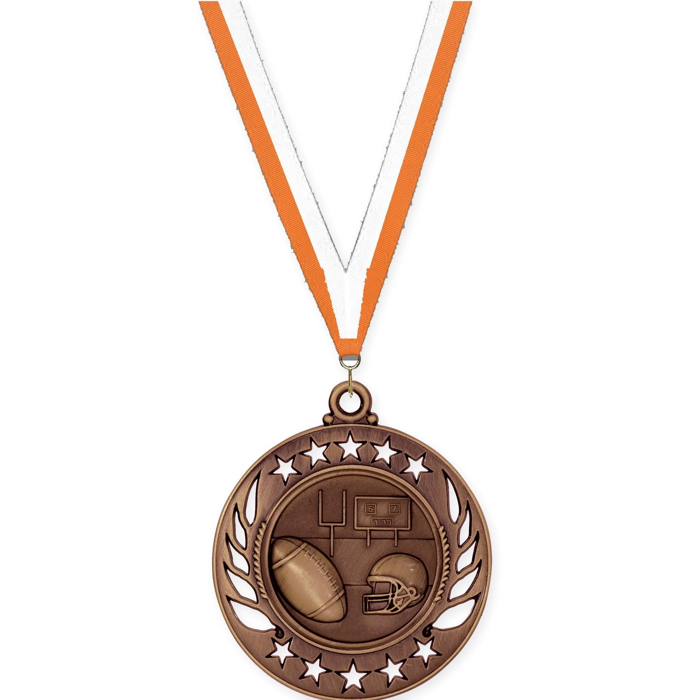 2 1/4 inch football Galaxy medal in antique bronze with Orange White neck ribbon