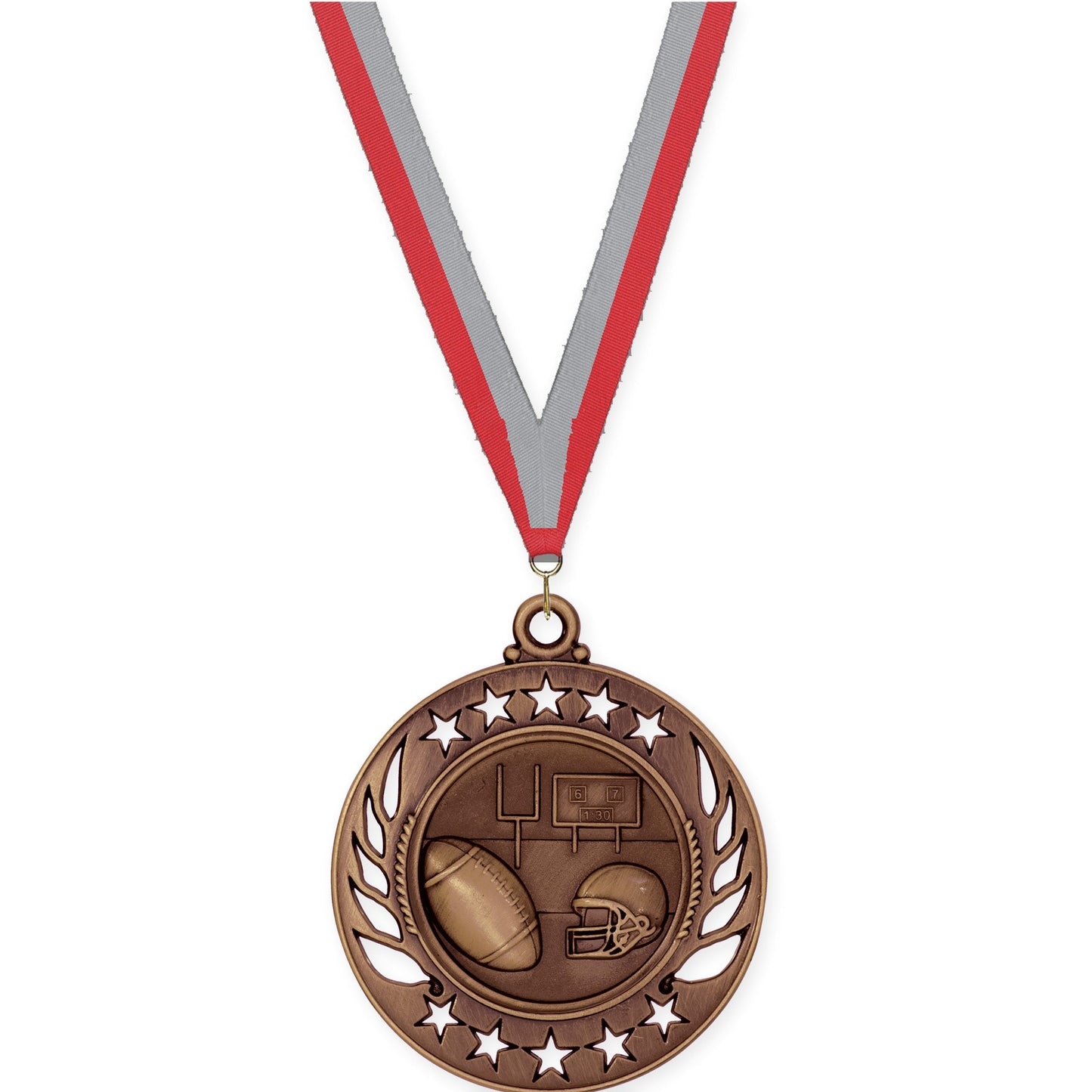 2 1/4 inch football Galaxy medal in antique bronze with Red Gray neck ribbon