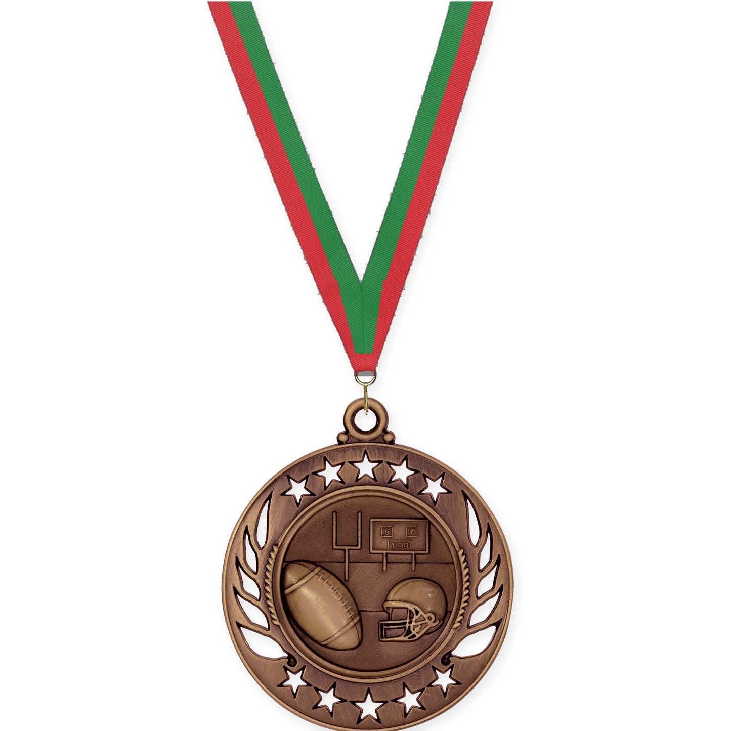 2 1/4 inch football Galaxy medal in antique bronze with Red Green neck ribbon