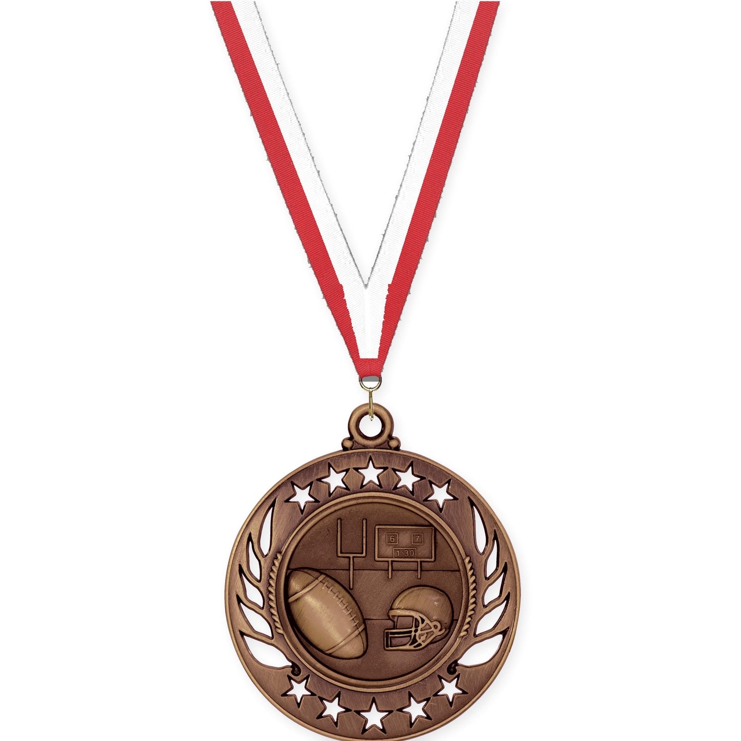 2 1/4 inch football Galaxy medal in antique bronze with Red White neck ribbon
