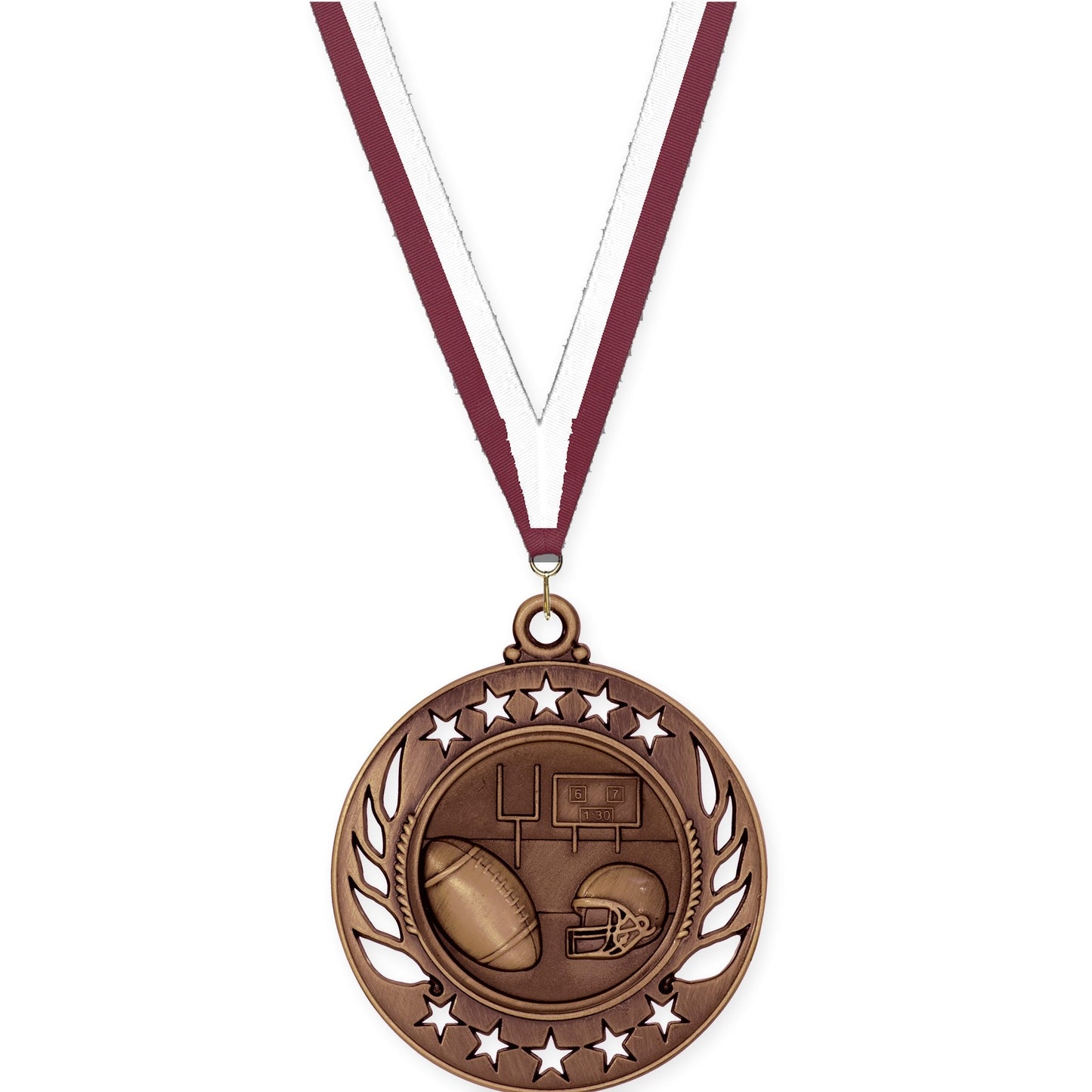 2 1/4 inch football Galaxy medal in antique bronze with Maroon White neck ribbon