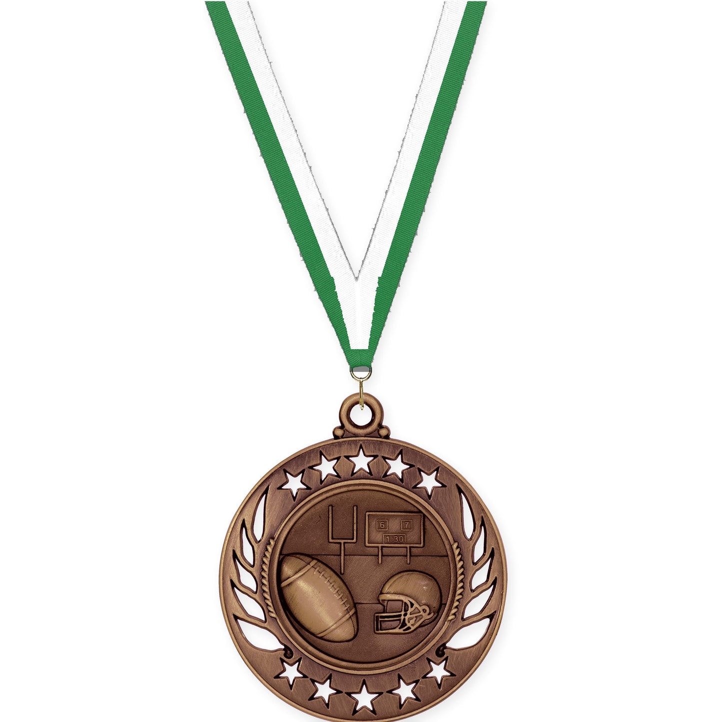 2 1/4 inch football Galaxy medal in antique bronze with Green White neck ribbon