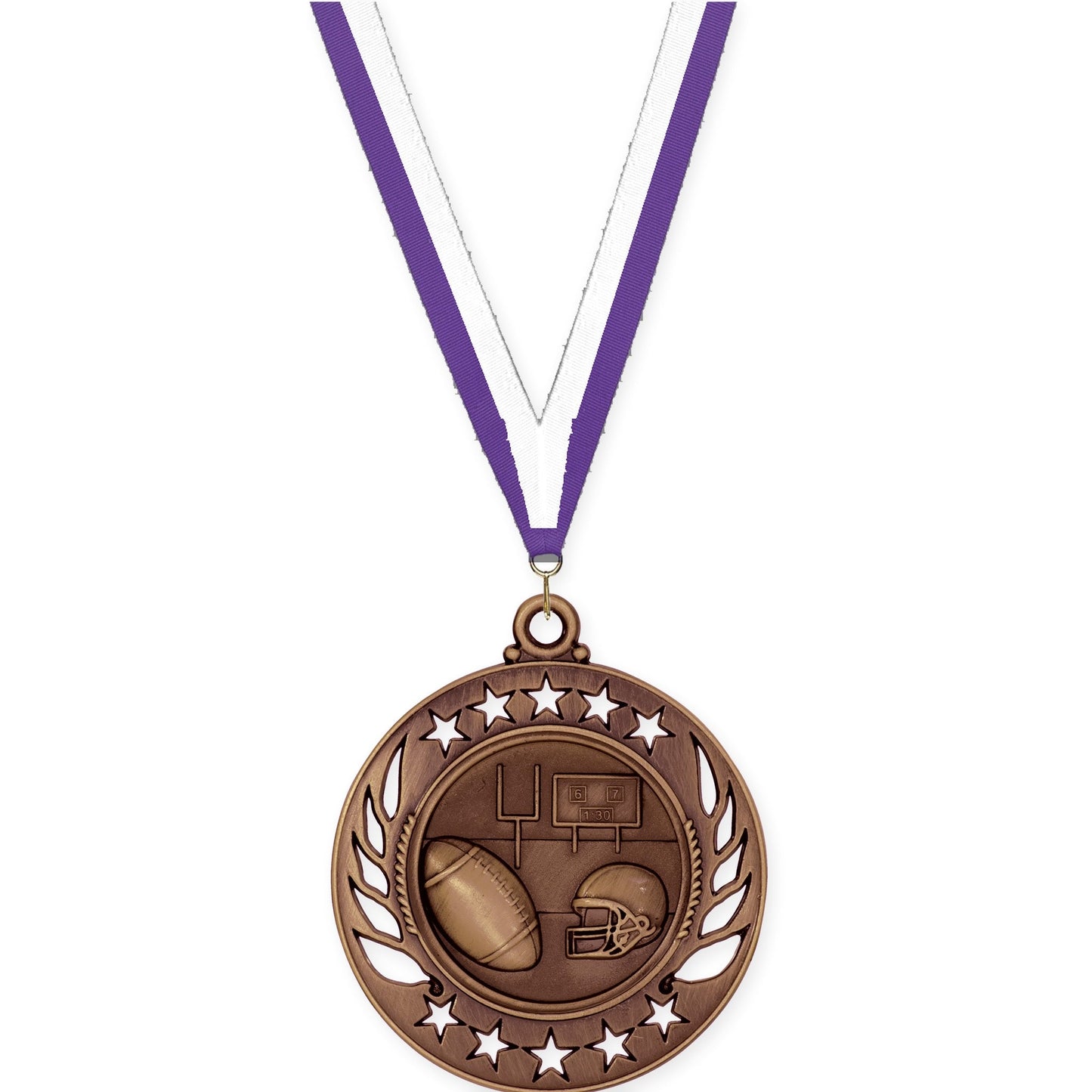 2 1/4 inch football Galaxy medal in antique bronze with Purple White neck ribbon