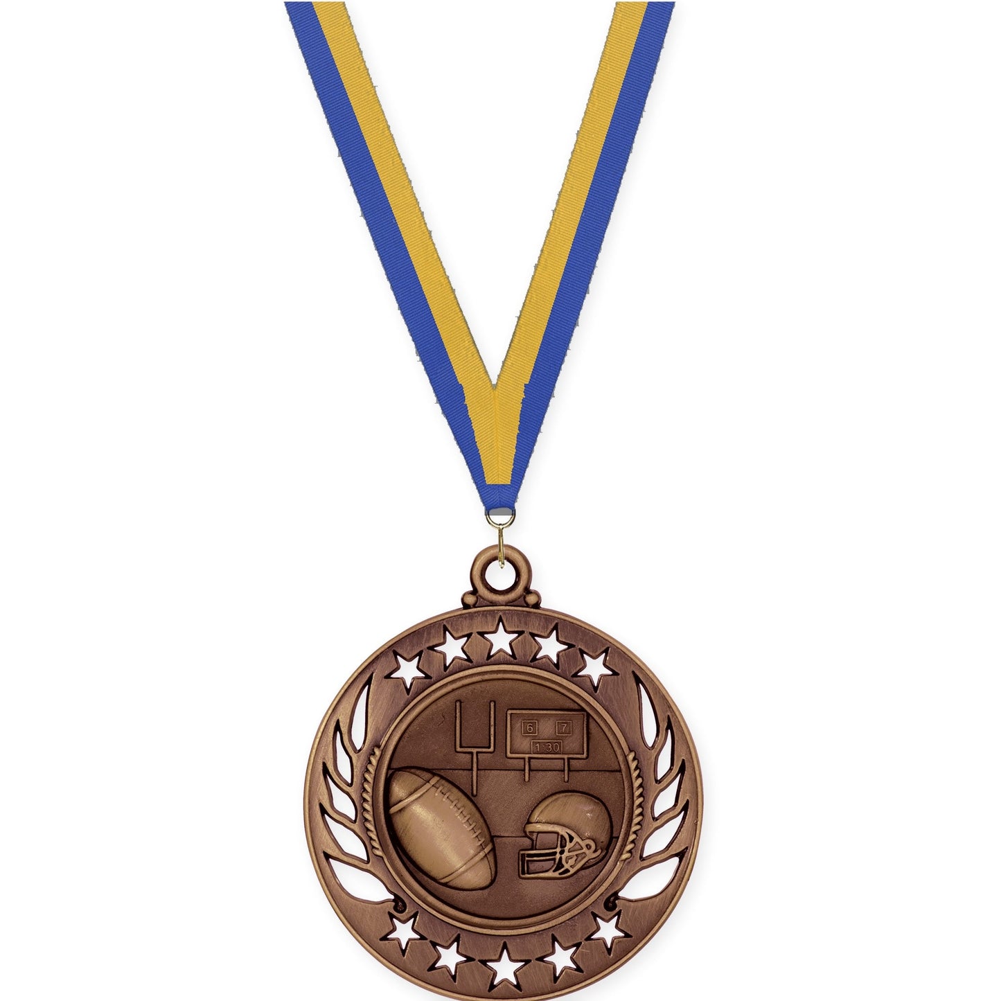 2 1/4 inch football Galaxy medal in antique bronze with Blue Gold neck ribbon