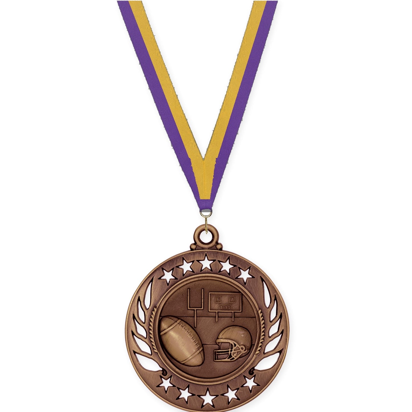 2 1/4 inch football Galaxy medal in antique bronze with Purple Gold neck ribbon