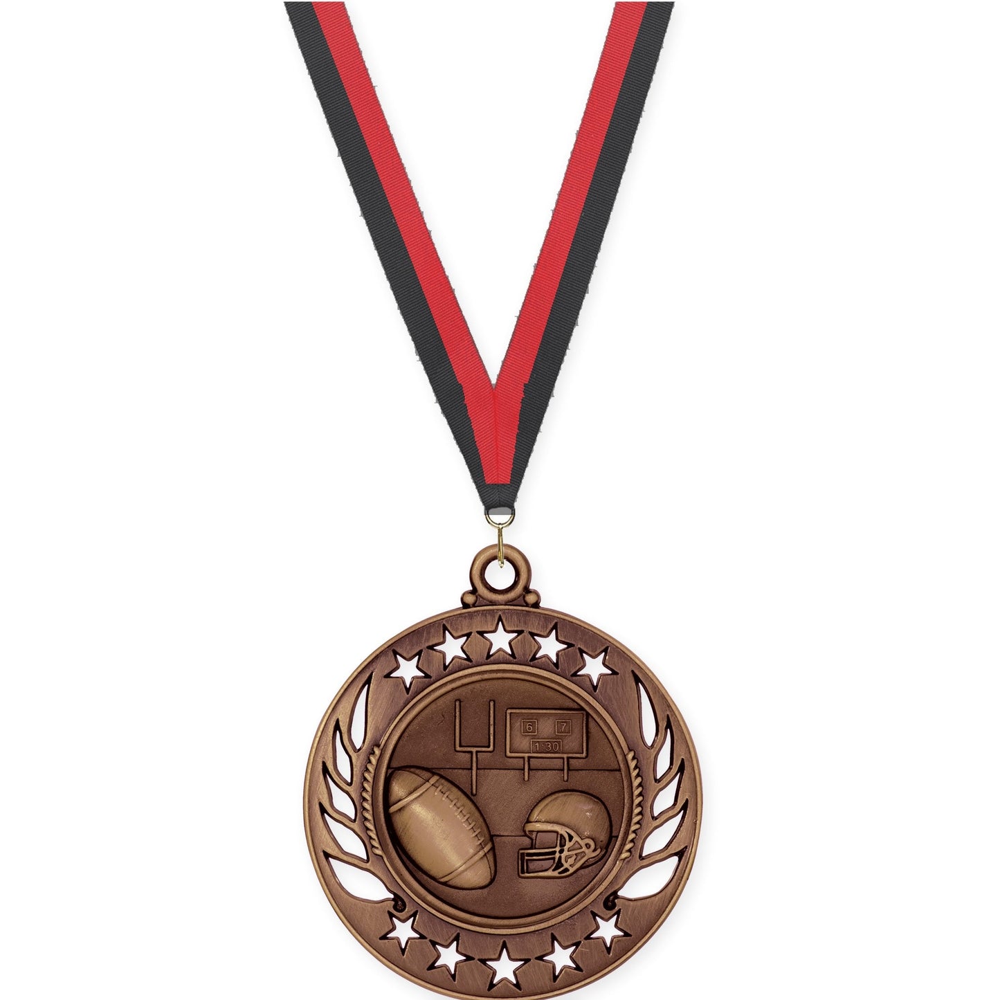 2 1/4 inch football Galaxy medal in antique bronze with Black Red neck ribbon