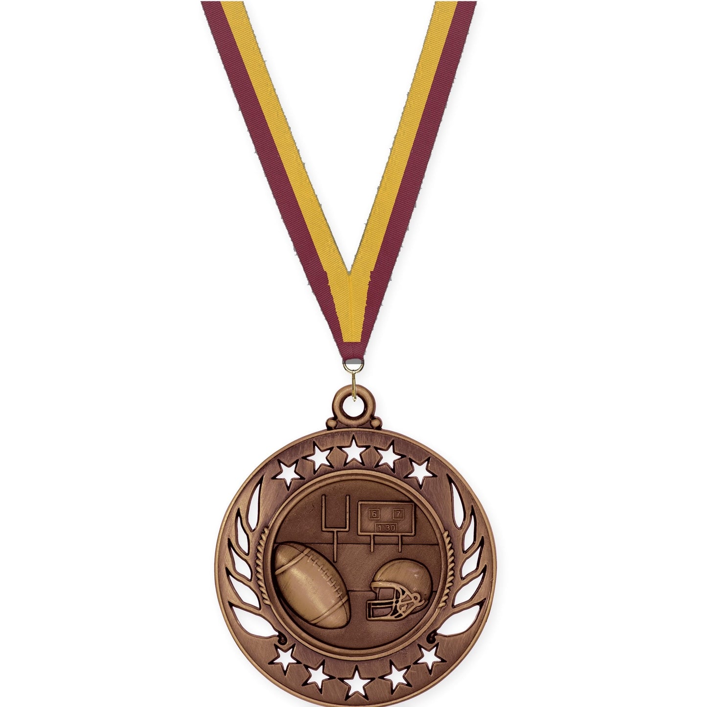 2 1/4 inch football Galaxy medal in antique bronze with Maroon Gold neck ribbon