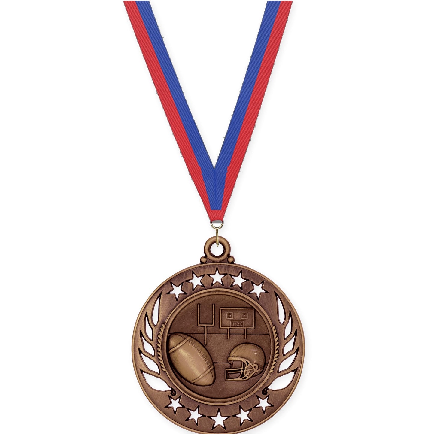 2 1/4 inch football Galaxy medal in antique bronze with Blue Red neck ribbon
