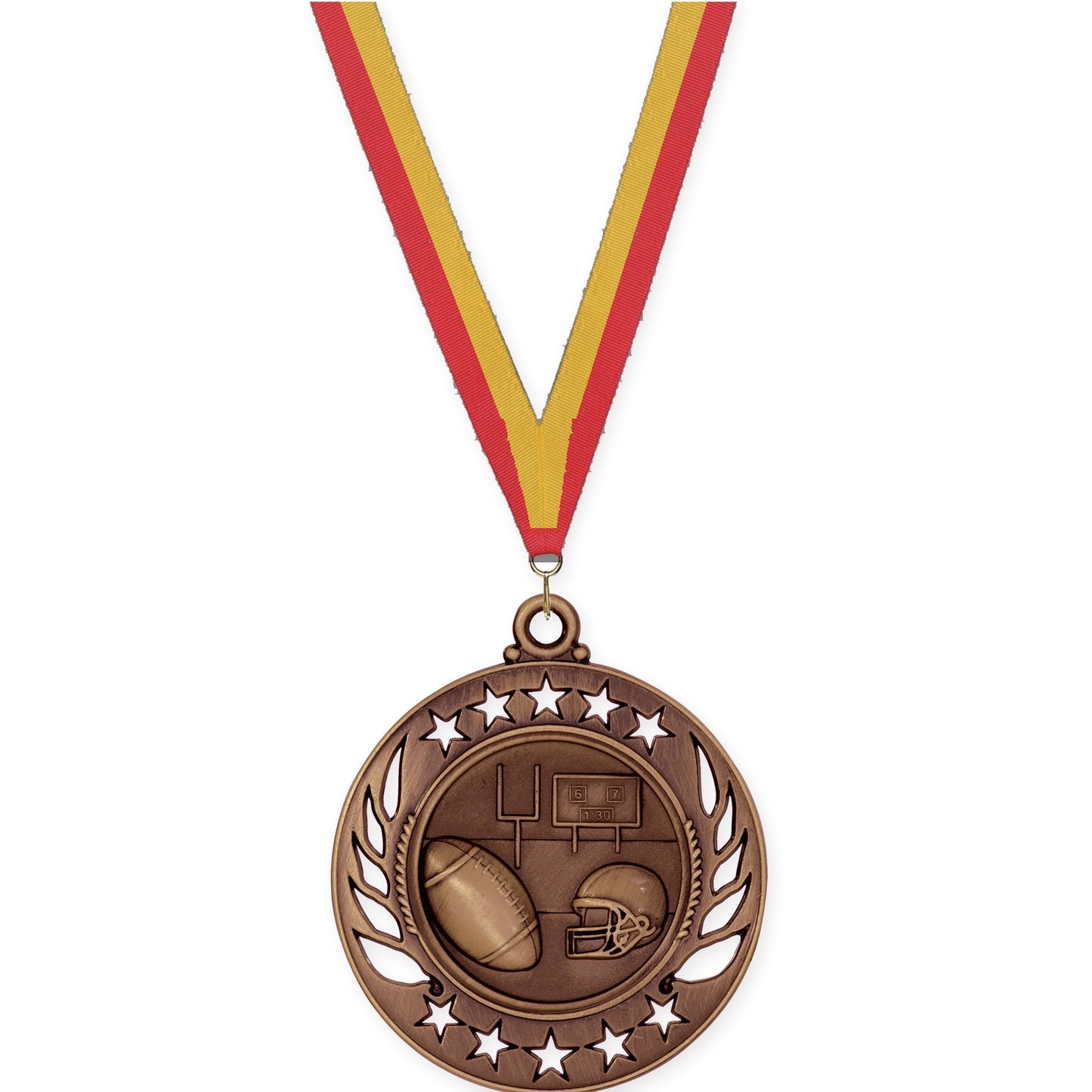 2 1/4 inch football Galaxy medal in antique bronze with Red Gold neck ribbon