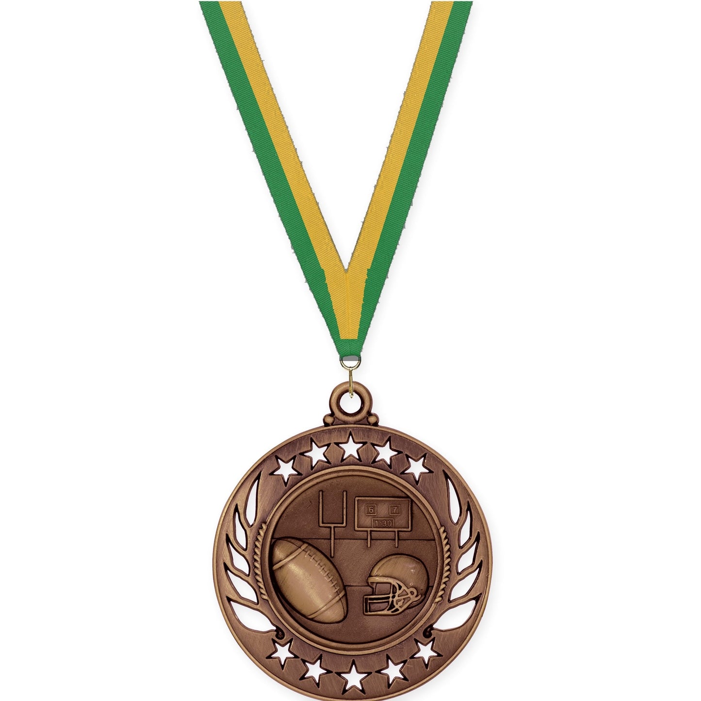 2 1/4 inch football Galaxy medal in antique bronze with Green Gold neck ribbon