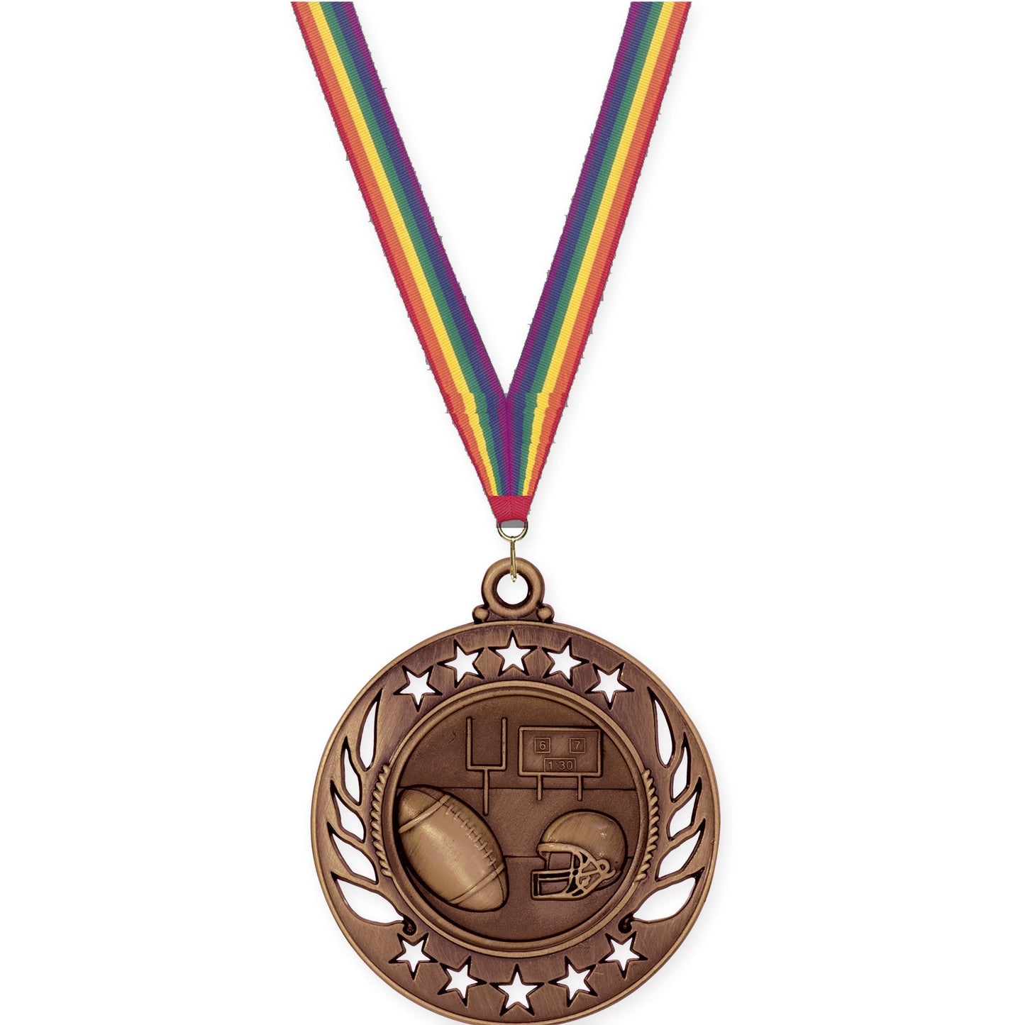 2 1/4 inch football Galaxy medal in antique bronze with Rainbow neck ribbon