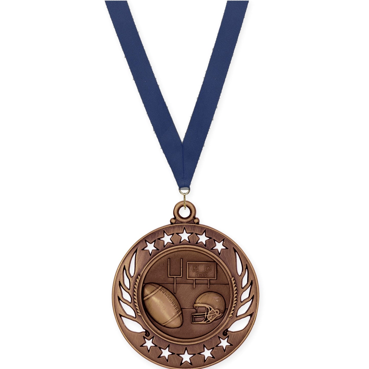 2 1/4 inch football Galaxy medal in antique bronze with Navy neck ribbon