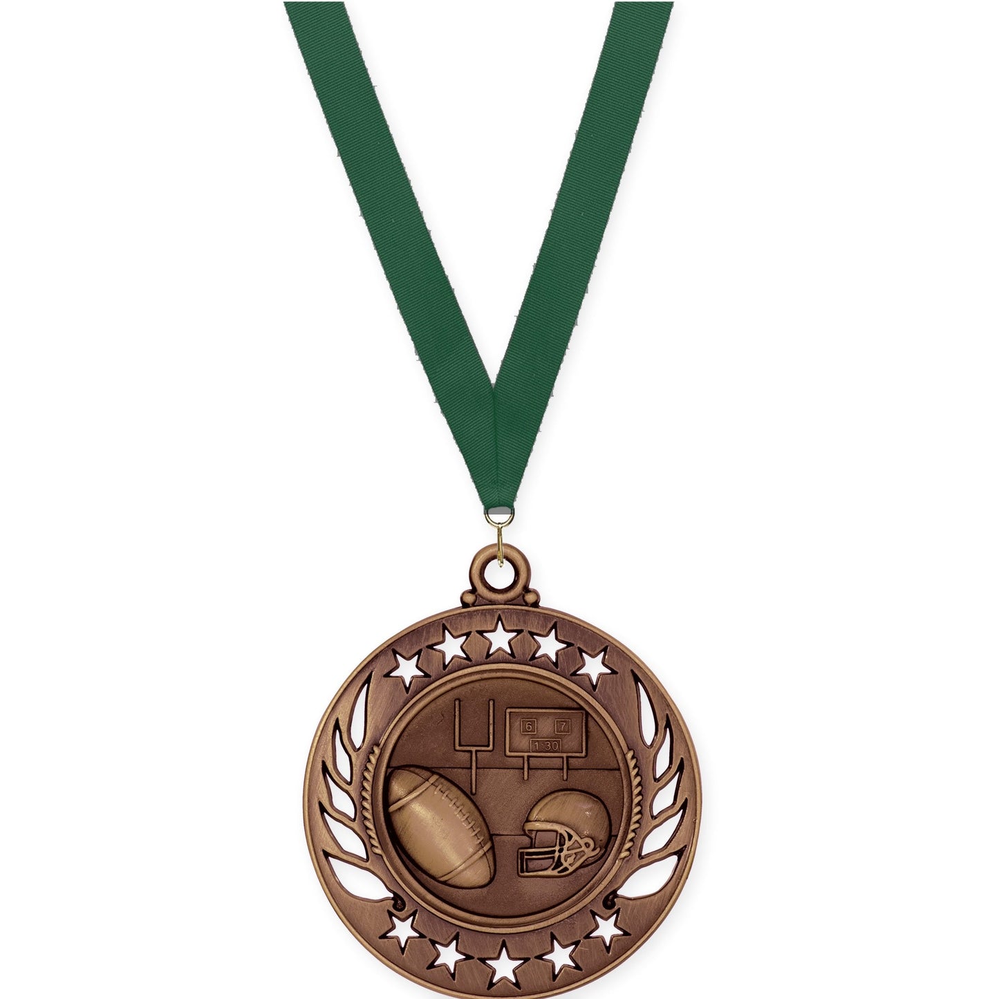 2 1/4 inch football Galaxy medal in antique bronze with Hunter Green neck ribbon
