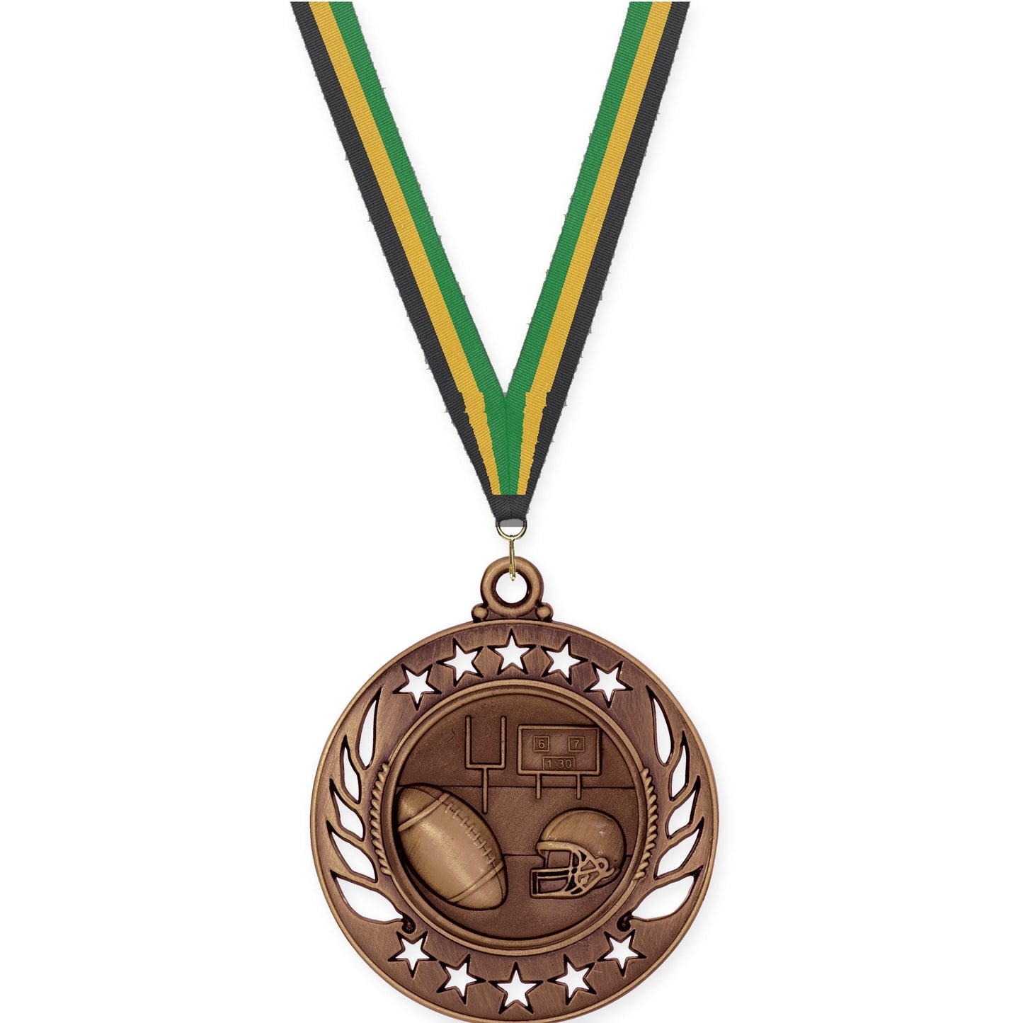 2 1/4 inch football Galaxy medal in antique bronze with Black Gold Green neck ribbon