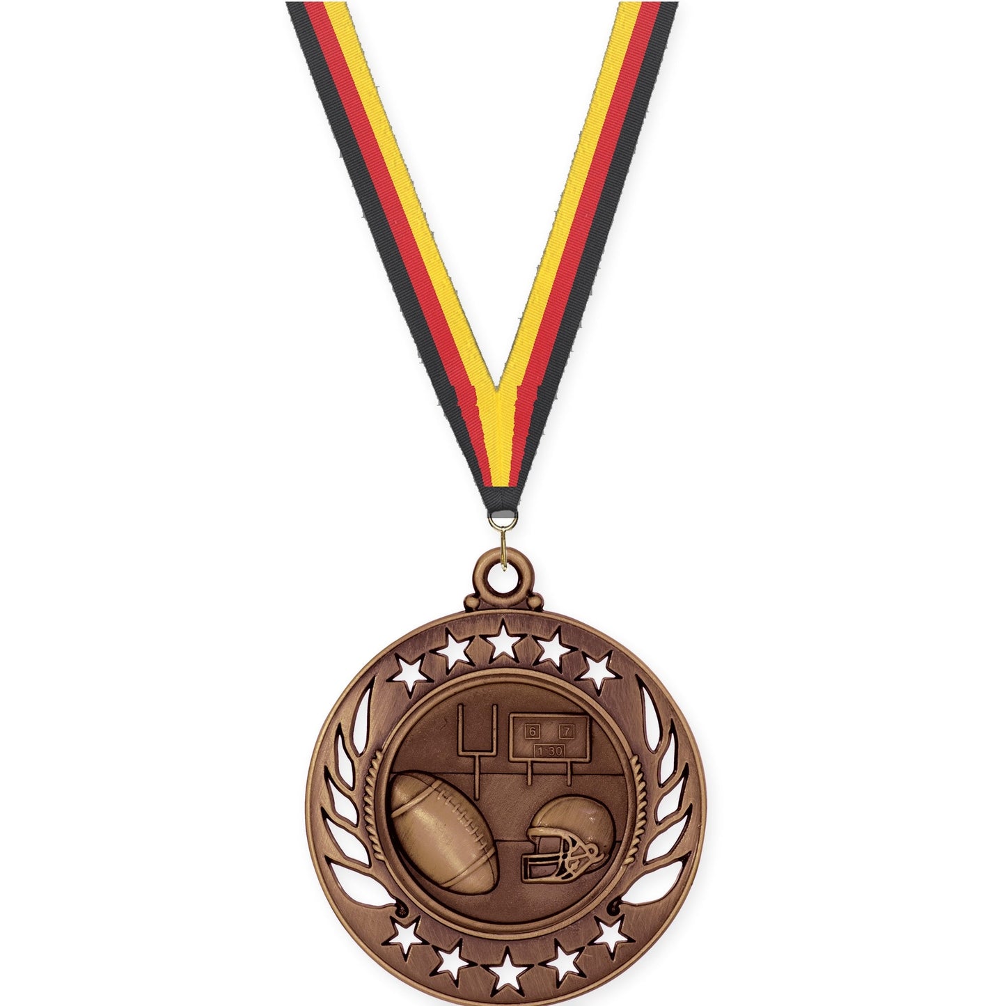 2 1/4 inch football Galaxy medal in antique bronze with Black Red Yellow neck ribbon