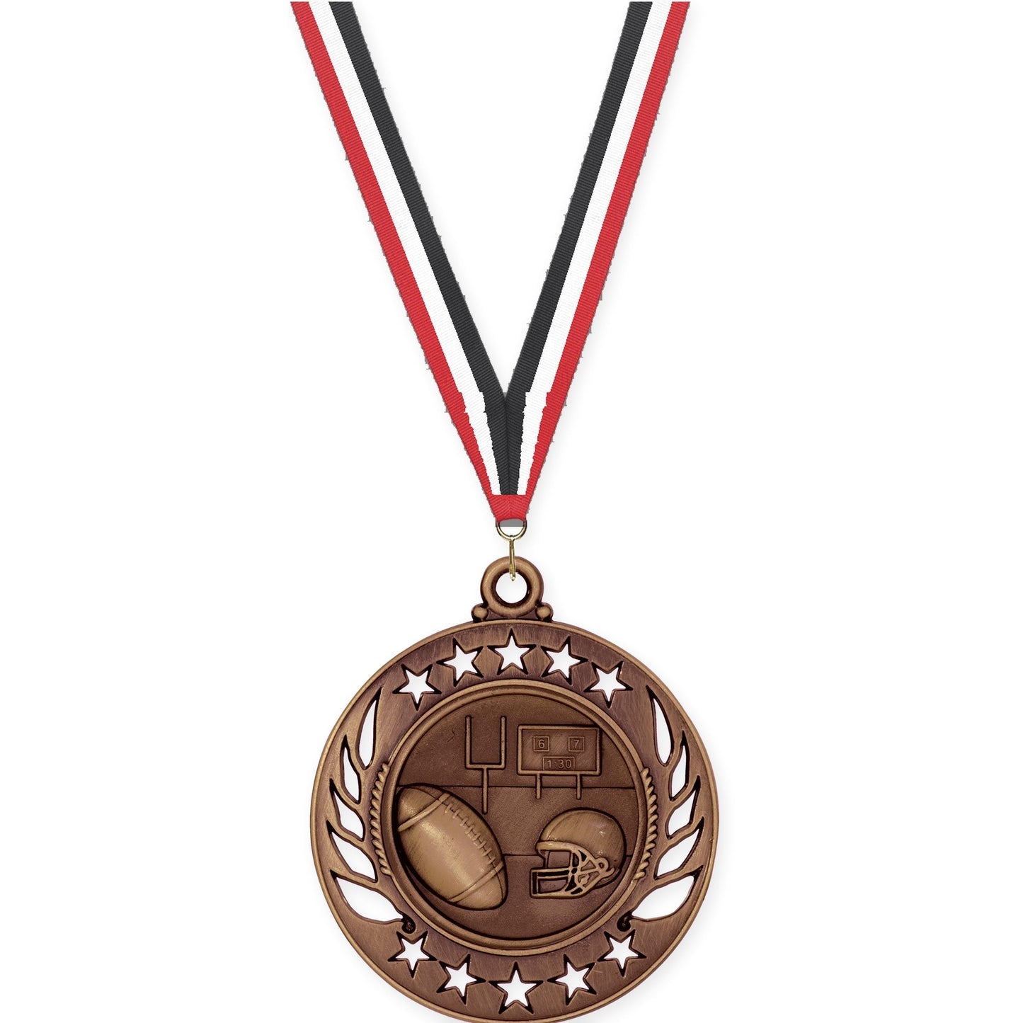 2 1/4 inch football Galaxy medal in antique bronze with Red White Black neck ribbon