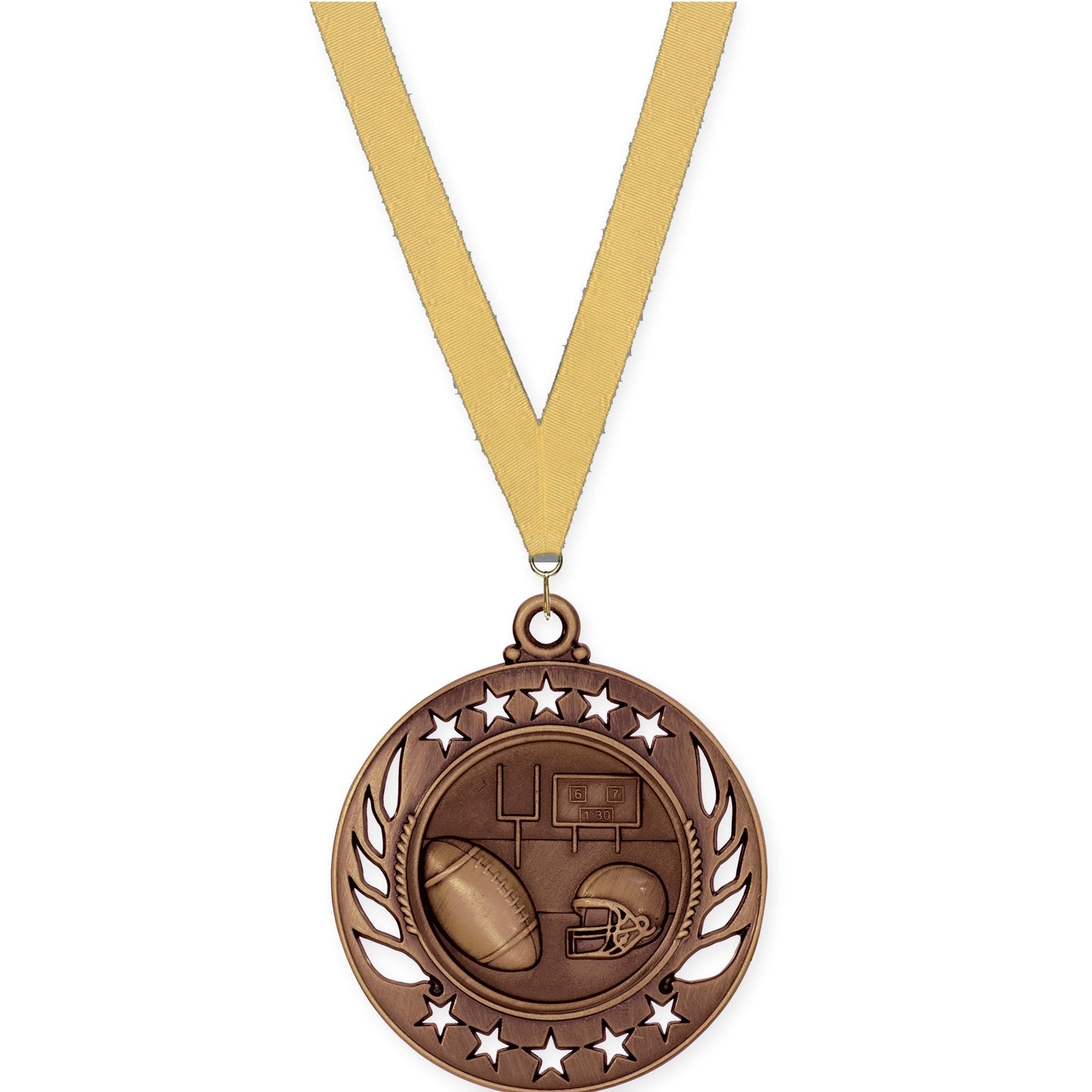 2 1/4 inch football Galaxy medal in antique bronze with Gold Metallic neck ribbon