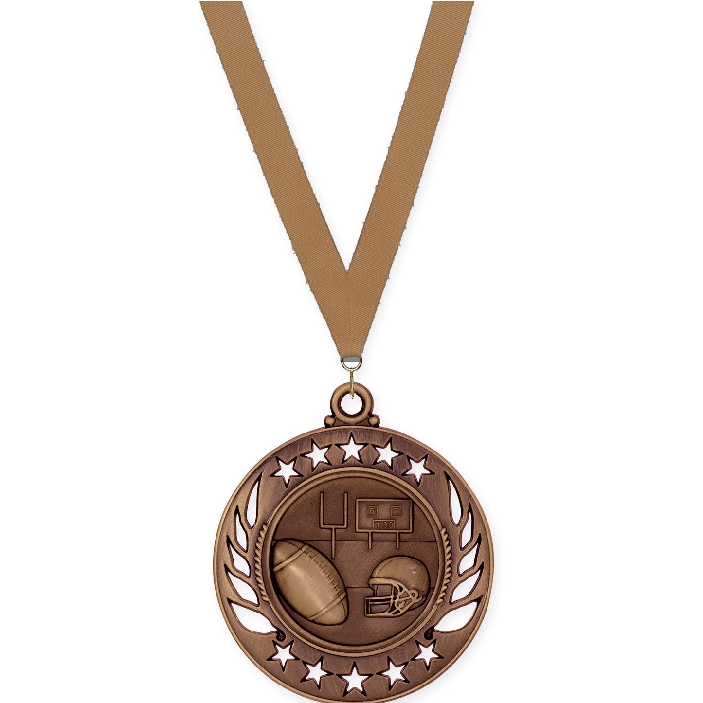 2 1/4 inch football Galaxy medal in antique bronze with Bronze Metallic neck ribbon