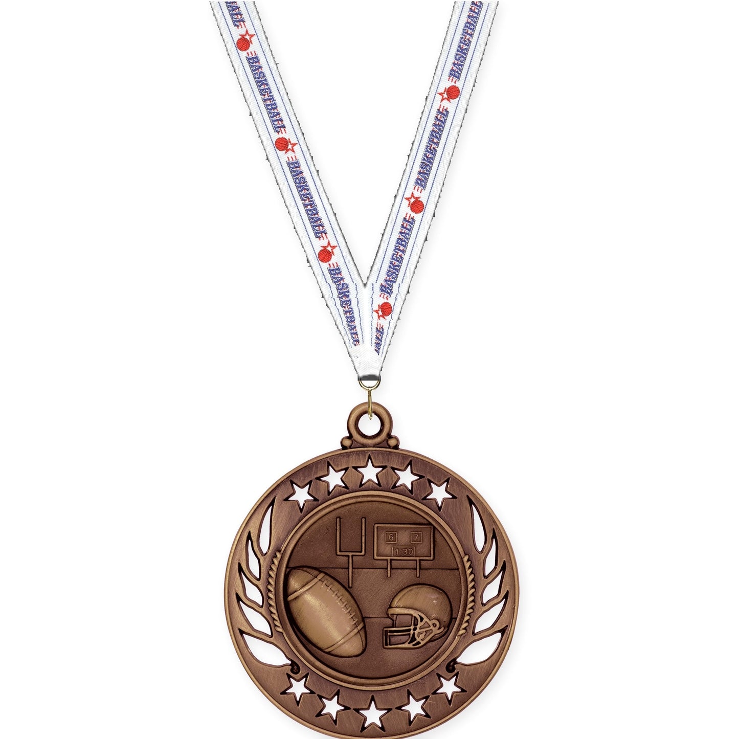 2 1/4 inch football Galaxy medal in antique bronze with Basketball neck ribbon