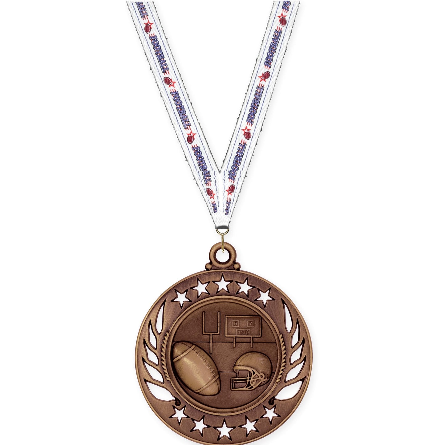2 1/4 inch football Galaxy medal in antique bronze with Football neck ribbon