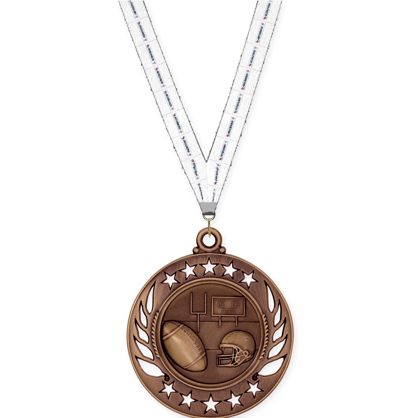 2 1/4 inch football Galaxy medal in antique bronze with Gymnastics neck ribbon