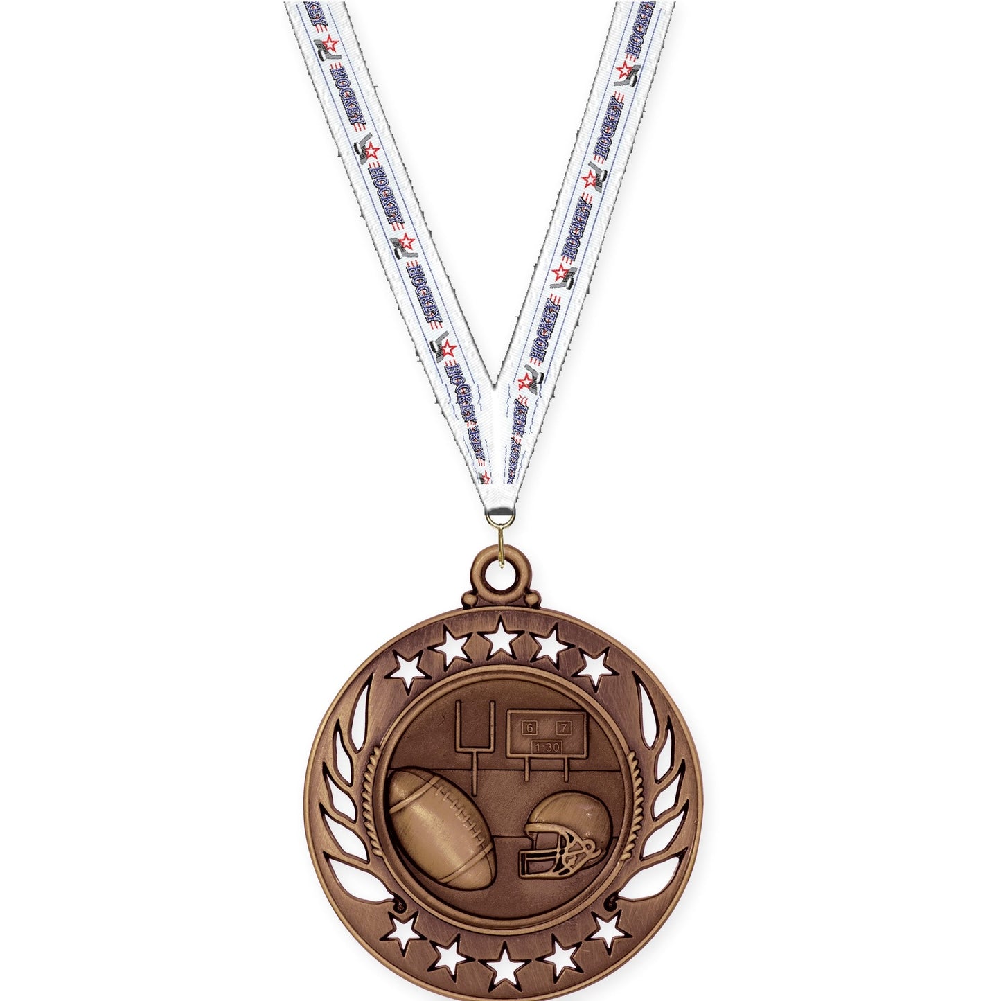 2 1/4 inch football Galaxy medal in antique bronze with Hockey neck ribbon