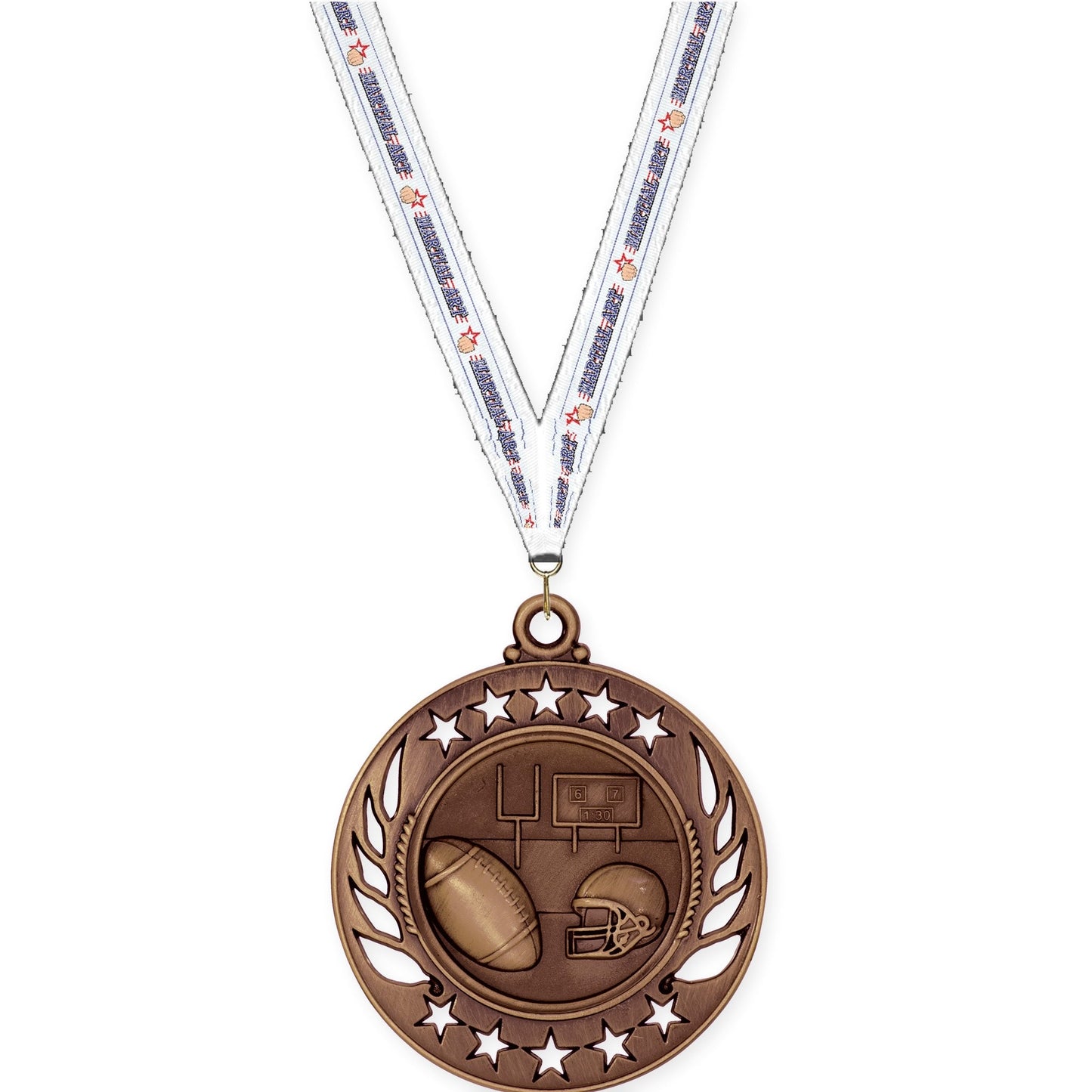 2 1/4 inch football Galaxy medal in antique bronze with Martial Arts neck ribbon