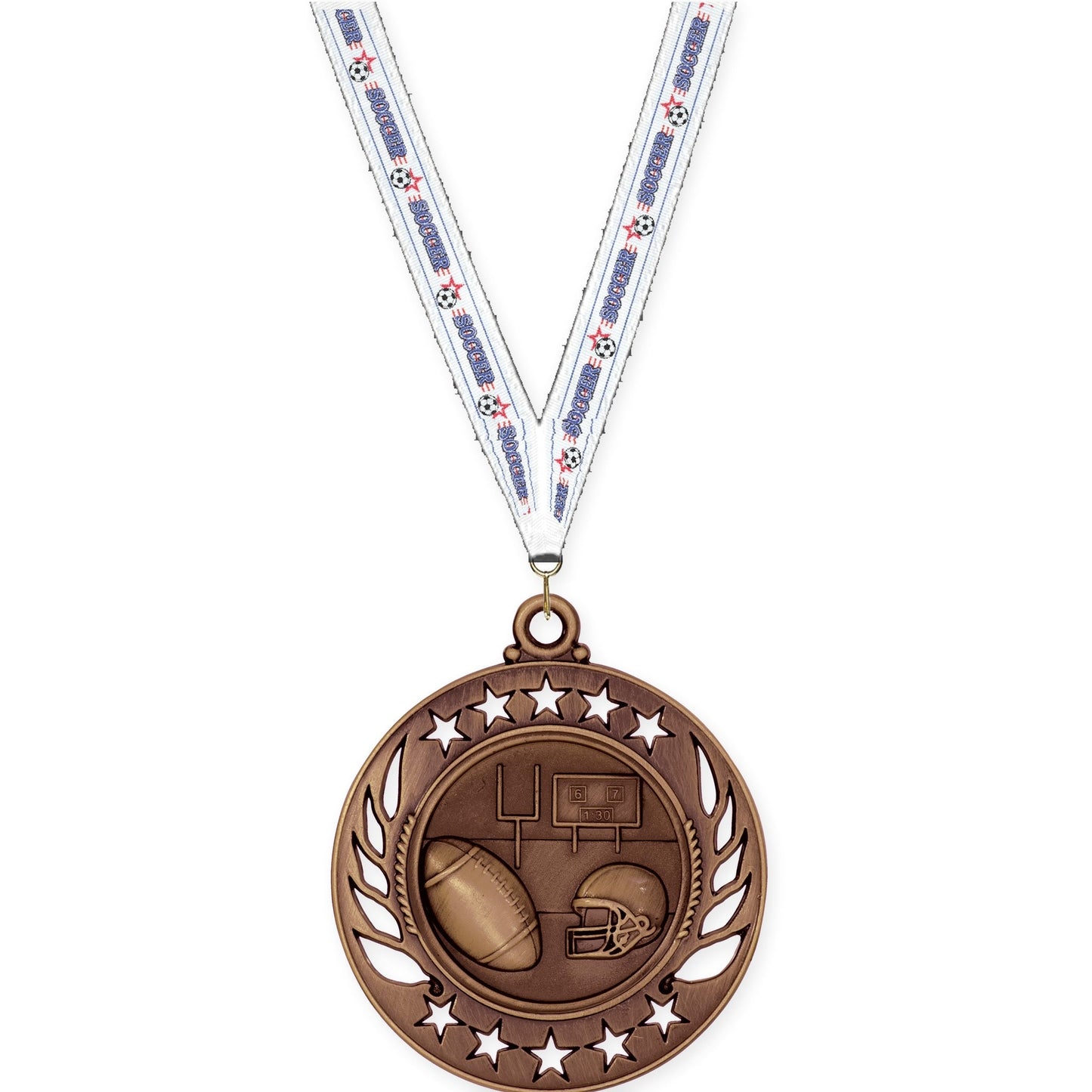 2 1/4 inch football Galaxy medal in antique bronze with Soccer neck ribbon