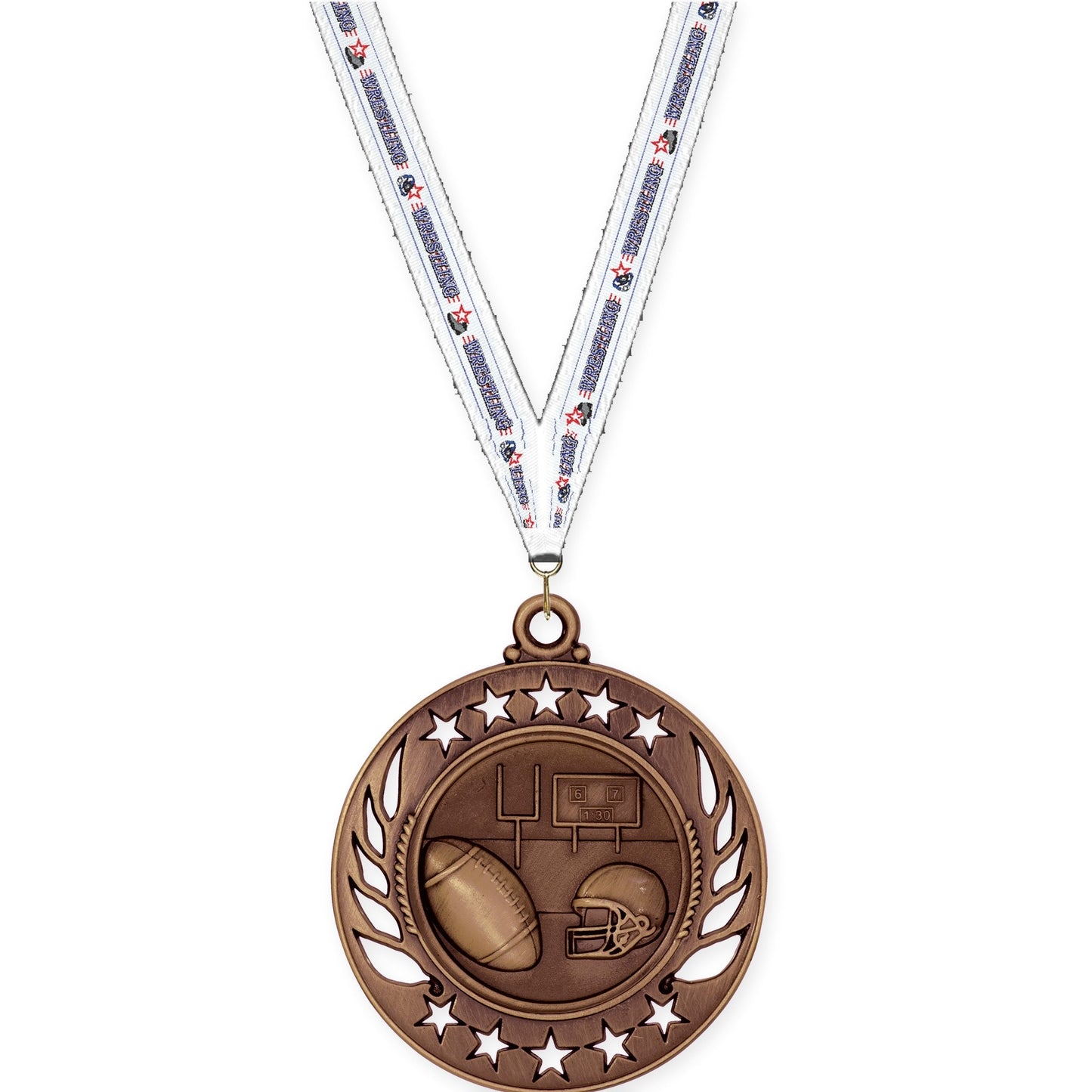 2 1/4 inch football Galaxy medal in antique bronze with Wrestling neck ribbon
