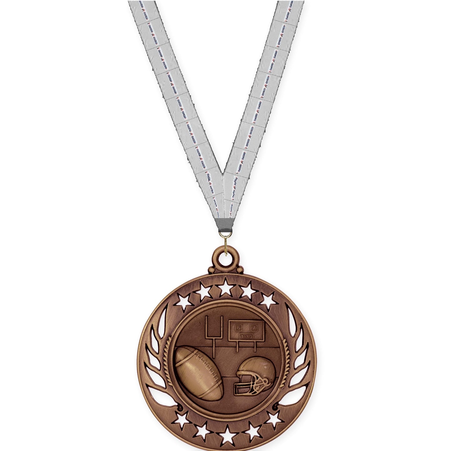 2 1/4 inch football Galaxy medal in antique bronze with Auto Racing neck ribbon