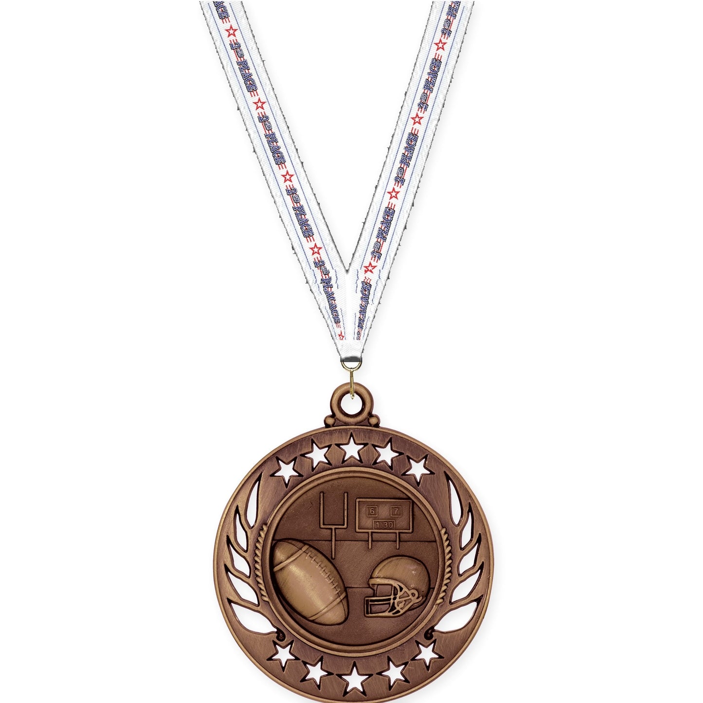 2 1/4 inch football Galaxy medal in antique bronze with 2nd Place neck ribbon