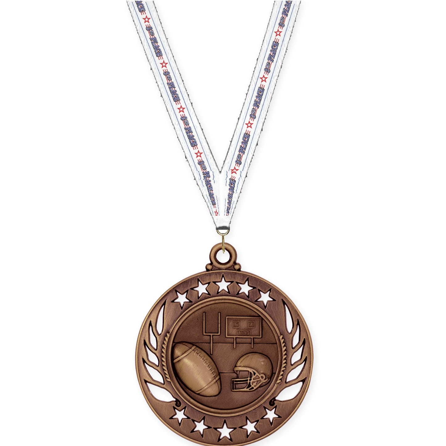 2 1/4 inch football Galaxy medal in antique bronze with 3rd Place neck ribbon