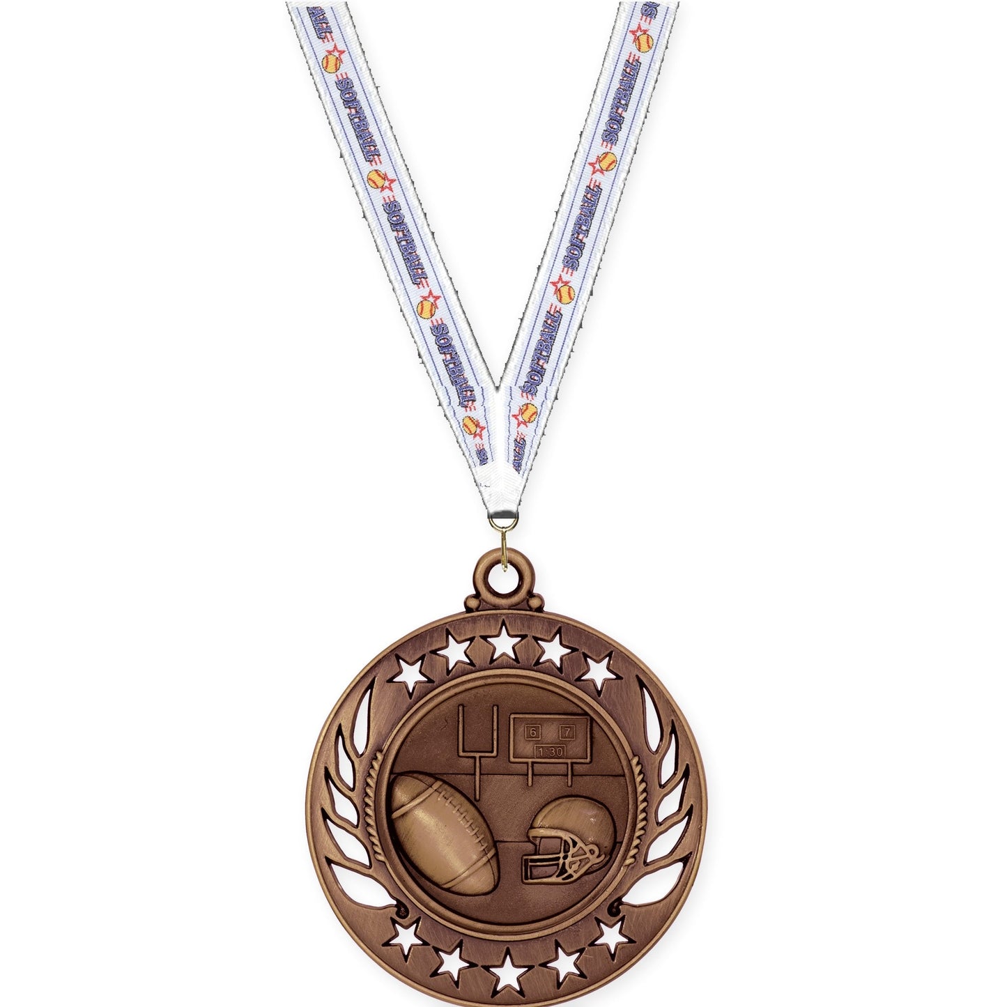 2 1/4 inch football Galaxy medal in antique bronze with Softball neck ribbon