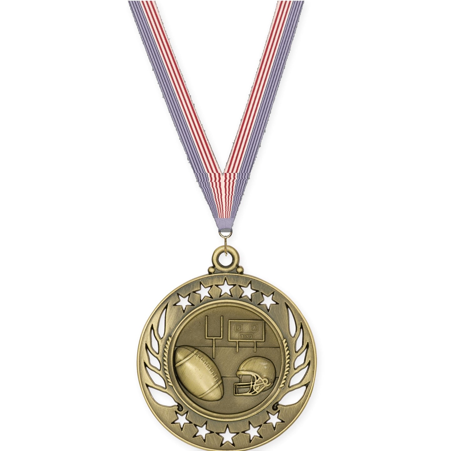 2 1/4 inch football Galaxy medal in bright gold with USA Flag neck ribbon