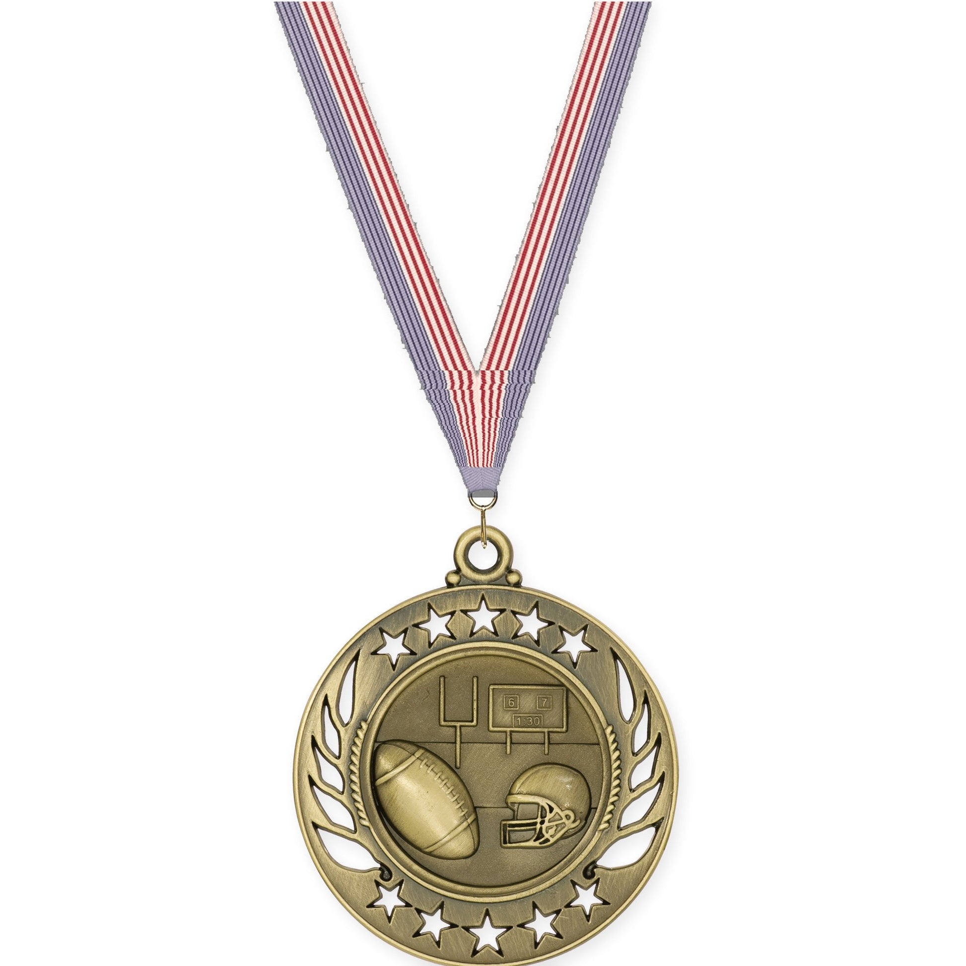 2 1/4 inch football Galaxy medal in bright gold with USA Flag neck ribbon