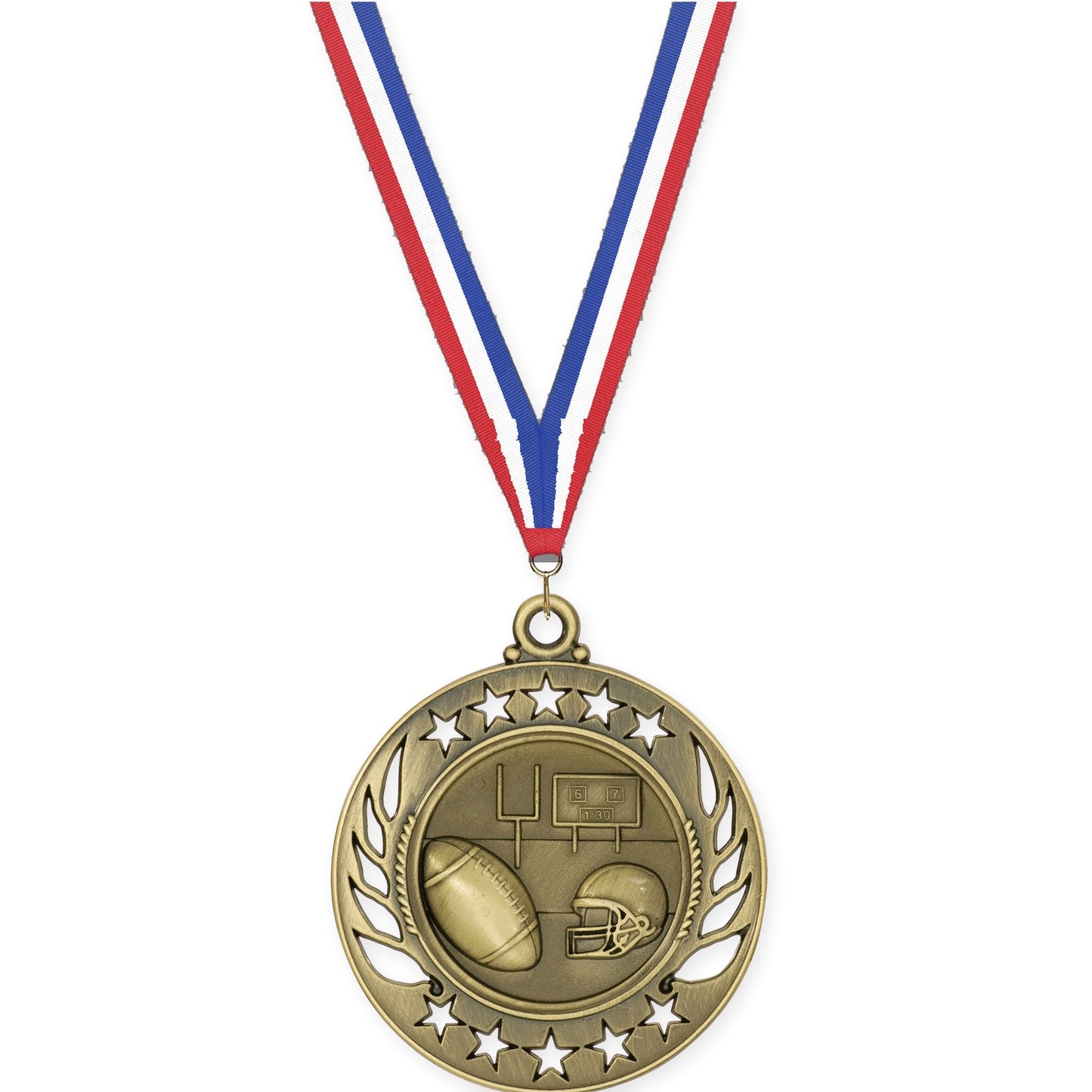 2 1/4 inch football Galaxy medal in bright gold with Red White Blue neck ribbon