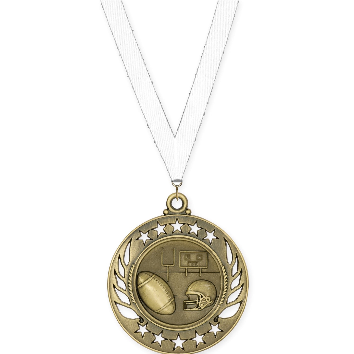 2 1/4 inch football Galaxy medal in bright gold with White neck ribbon