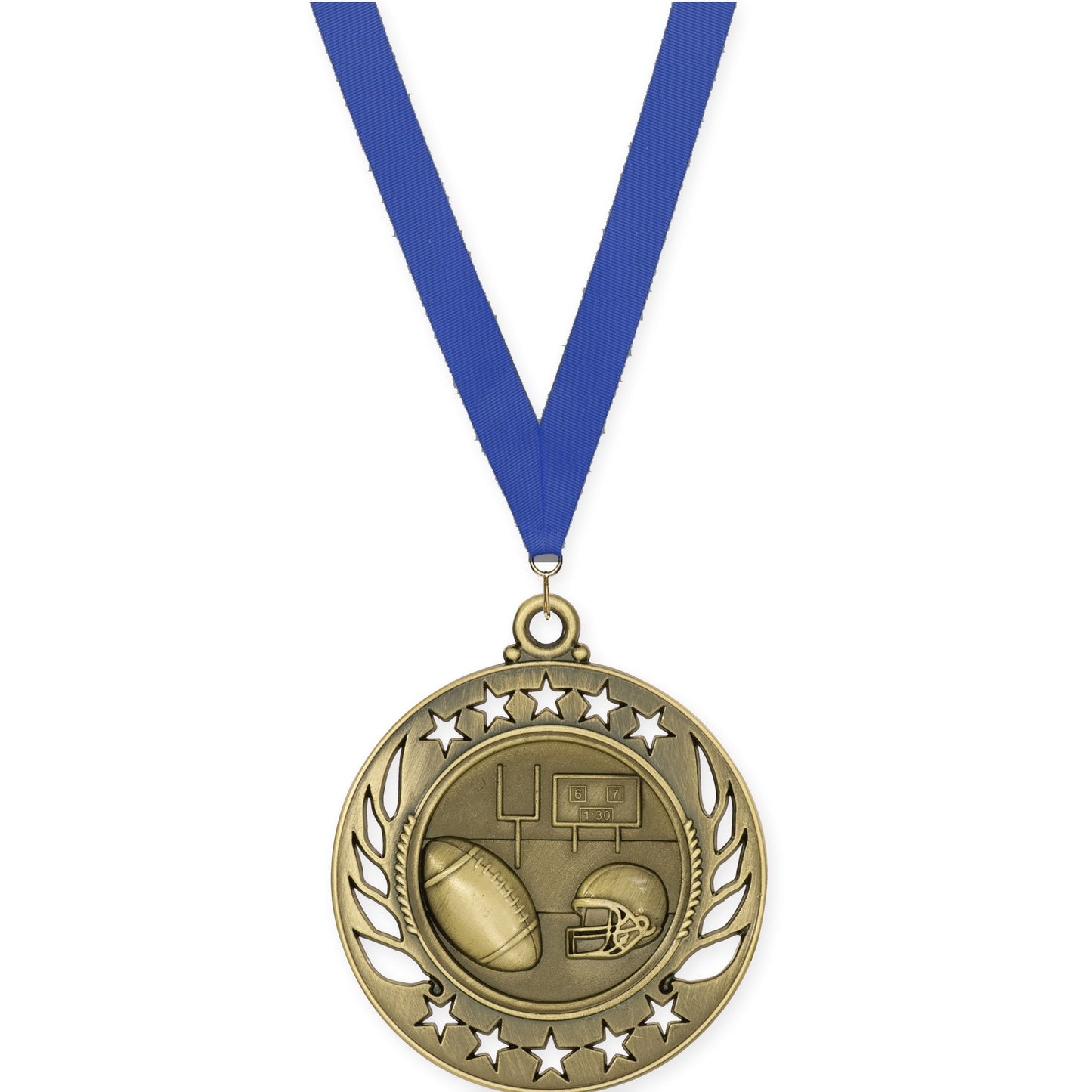 2 1/4 inch football Galaxy medal in bright gold with Blue neck ribbon