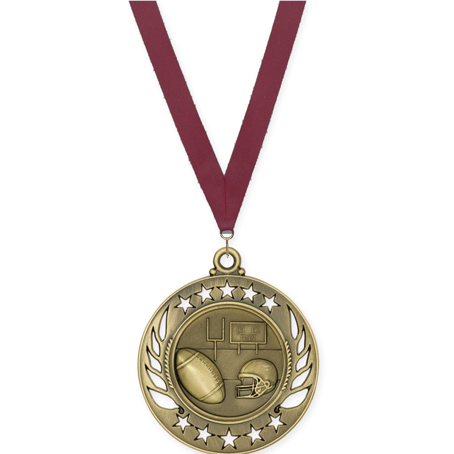 2 1/4 inch football Galaxy medal in bright gold with Maroon neck ribbon
