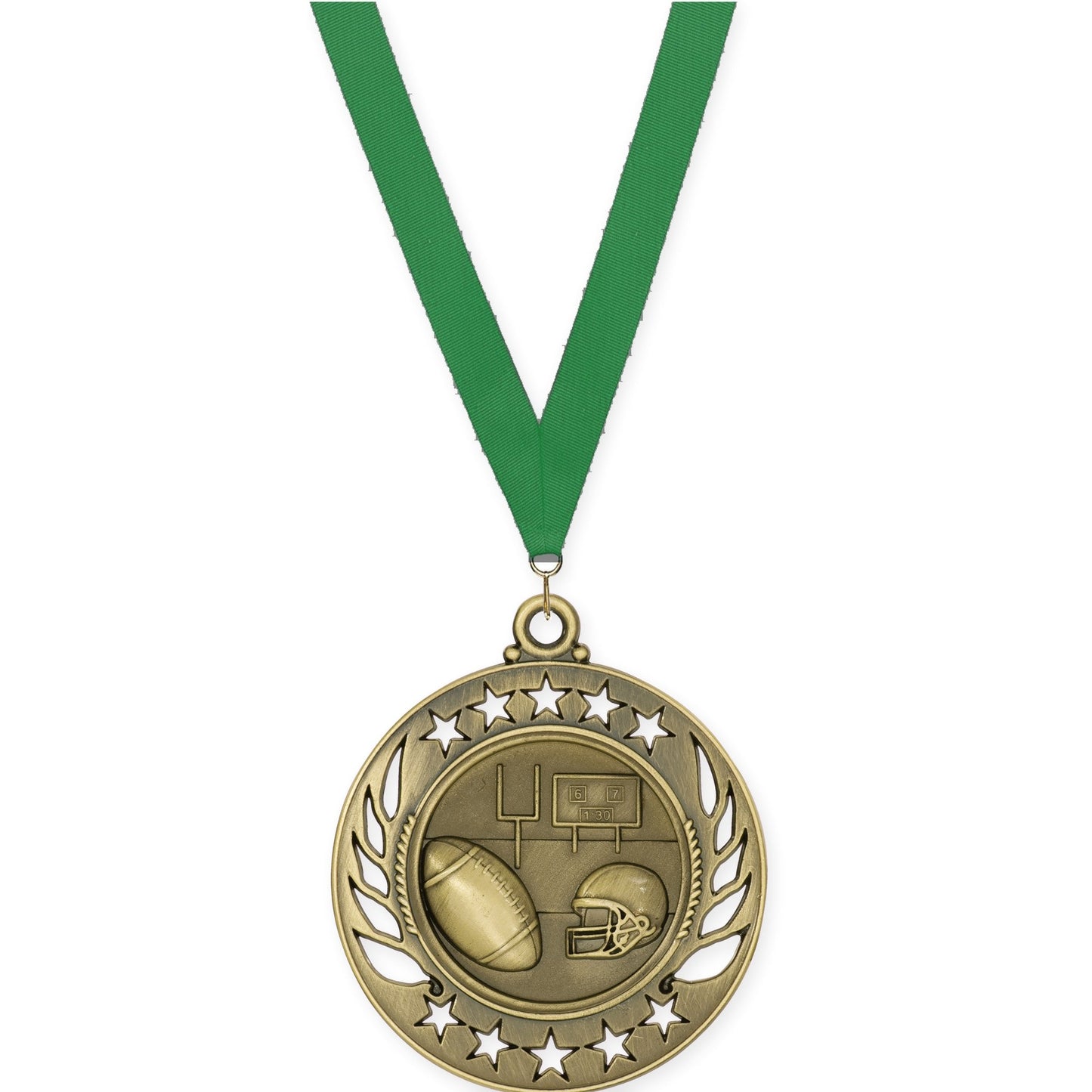 2 1/4 inch football Galaxy medal in bright gold with Green neck ribbon