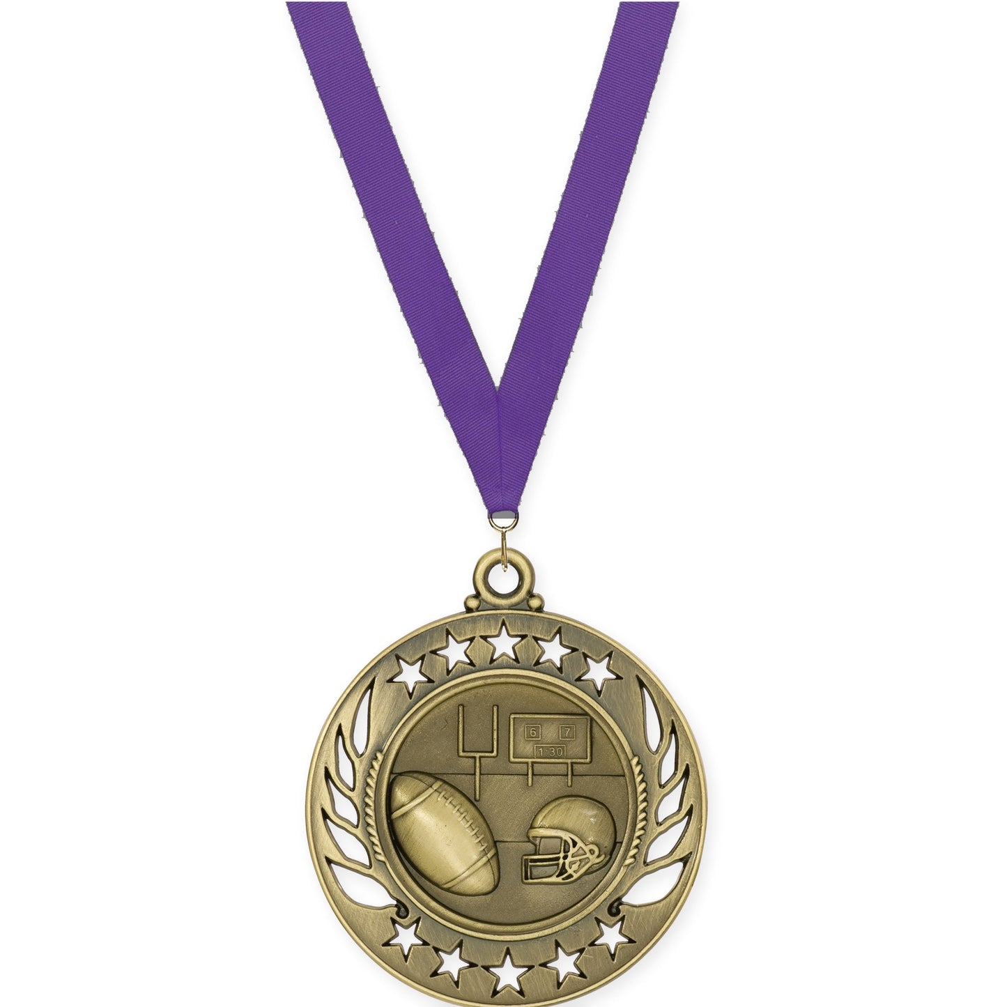 2 1/4 inch football Galaxy medal in bright gold with Purple neck ribbon